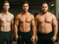 Tres hombres en un gimnasio. El de la izquierda es delgado y musculoso. El del medio tiene un cuerpo endomorfo musculoso. El de la derecha es más corpulento.
