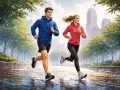 Pareja corre con lluvia en un parque urbano. El suelo mojado refleja las luces de la ciudad y los árboles verdes.