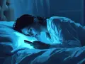 Mujer en la cama con su teléfono, iluminada por la luz azul. ¿Cuántas calorías se queman durmiendo?