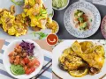 Cuatro platos deliciosos y saludables: tostadas con huevo y champiñones, taco con aguacate, poke bowl y pollo asado con limón. Opciones de alimentos bajos en calorías.