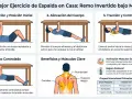 Ilustración de ejercicios de espalda en casa: remo invertido bajo mesa. Muestra preparación, alineación, tracción, descenso y beneficios.