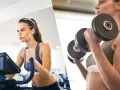 Mujer en cinta elíptica y otra levantando pesas. ¿Qué es mejor para perder peso cardio o pesas? Ambas son clave.