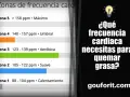 Tabla de zonas de frecuencia cardíaca para quemar grasa. Muestra rangos de pulsaciones para calentamiento, suave, aeróbico, umbral y máximo.