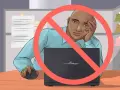 Hombre aburrido frente a la laptop, con un círculo rojo de prohibición. Evita la descarga de cafeína para mantener la concentración.
