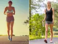 Dos mujeres haciendo ejercicio: una corriendo en una carretera soleada y otra caminando en un sendero boscoso. ¿Que adelgaza mas correr o andar?