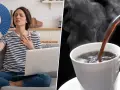 Mujer abanicándose por calor mientras trabaja en laptop. A su lado, café caliente. Recuerda que el cafe deshidrata.
