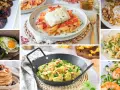 Variedad de platillos para dieta cetogenica menus: costillas, pescado, aguacate con huevo, yogur con frutos secos, revuelto de espárragos, curry y ensalada de camarones con calabacín.