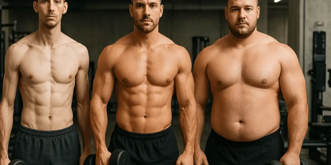 Tres hombres en un gimnasio. El de la izquierda es delgado y musculoso. El del medio tiene un cuerpo endomorfo musculoso. El de la derecha es más corpulento.