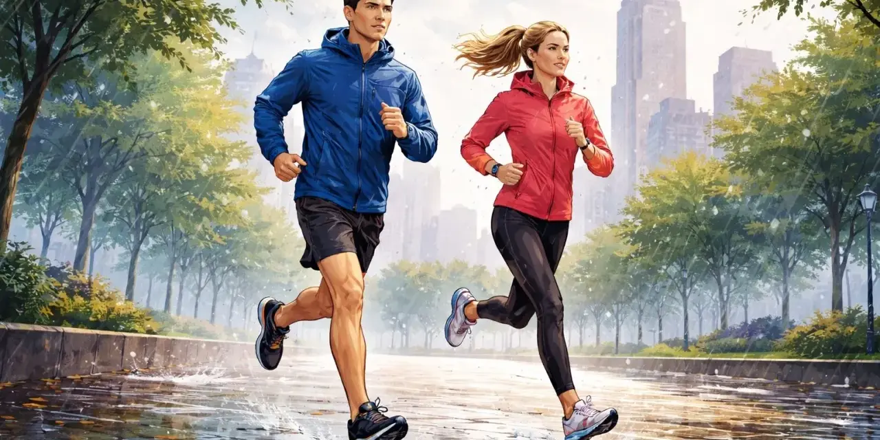 Pareja corre con lluvia en un parque urbano. El suelo mojado refleja las luces de la ciudad y los árboles verdes.