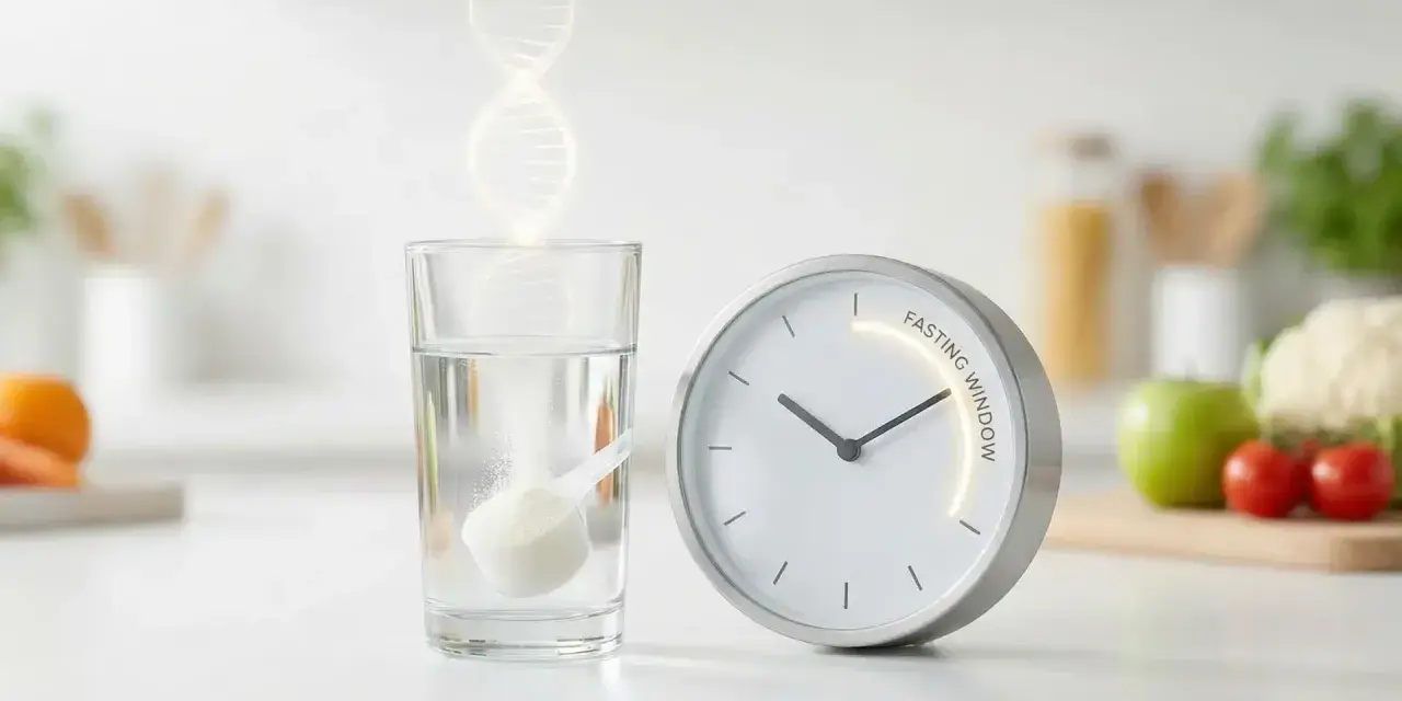 Un vaso de agua con una cucharada de polvo y un reloj marcan el momento en que la glicina rompe el ayuno.