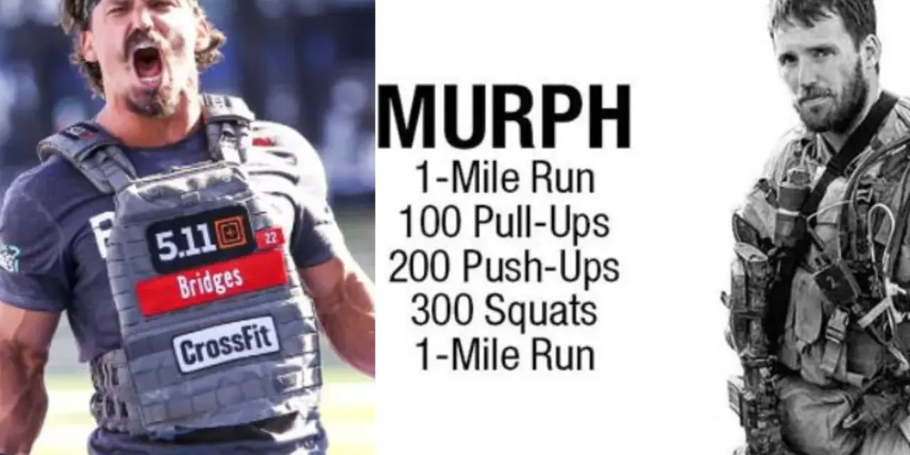 Atleta de CrossFit con chaleco de peso, junto a la descripción del entrenamiento Murph y un soldado.