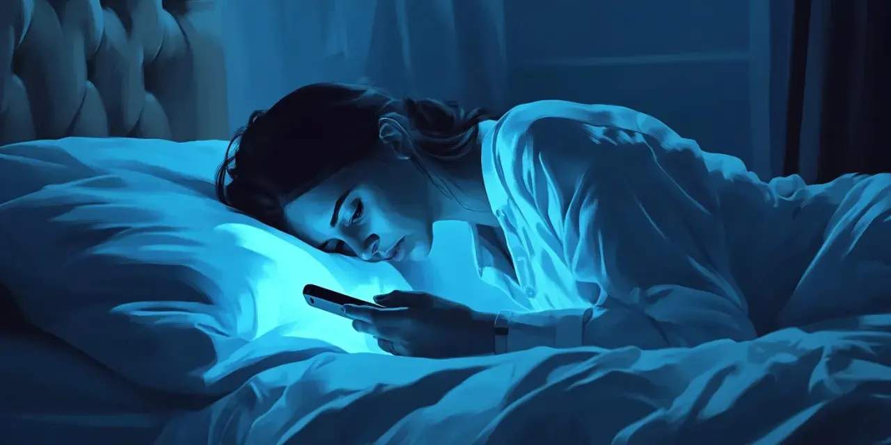 Mujer en la cama con su teléfono, iluminada por la luz azul. ¿Cuántas calorías se queman durmiendo?