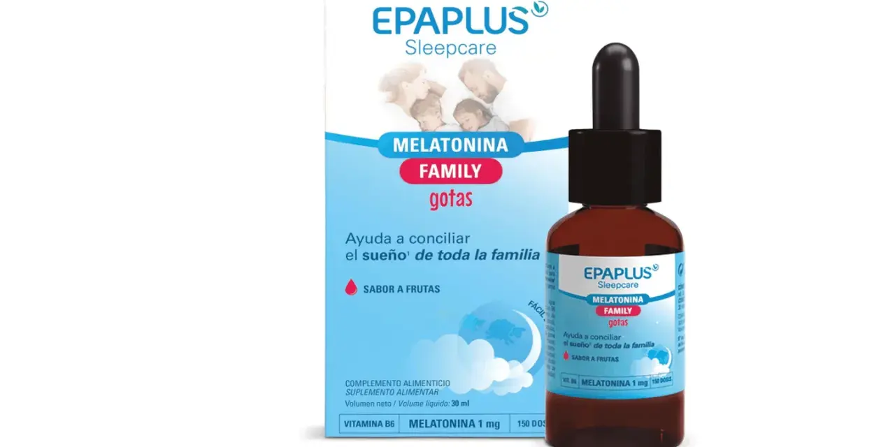 Gotas de melatonina familiar EPAPLUS Sleepcare, el mejor suplemento para dormir, con sabor a frutas para toda la familia.