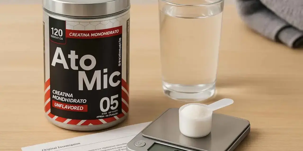 Un bote de creatina monohidrato, un vaso de agua y una báscula digital con una cucharada de polvo. Descubre los beneficios de la creatina monohidrato para tu entrenamiento.