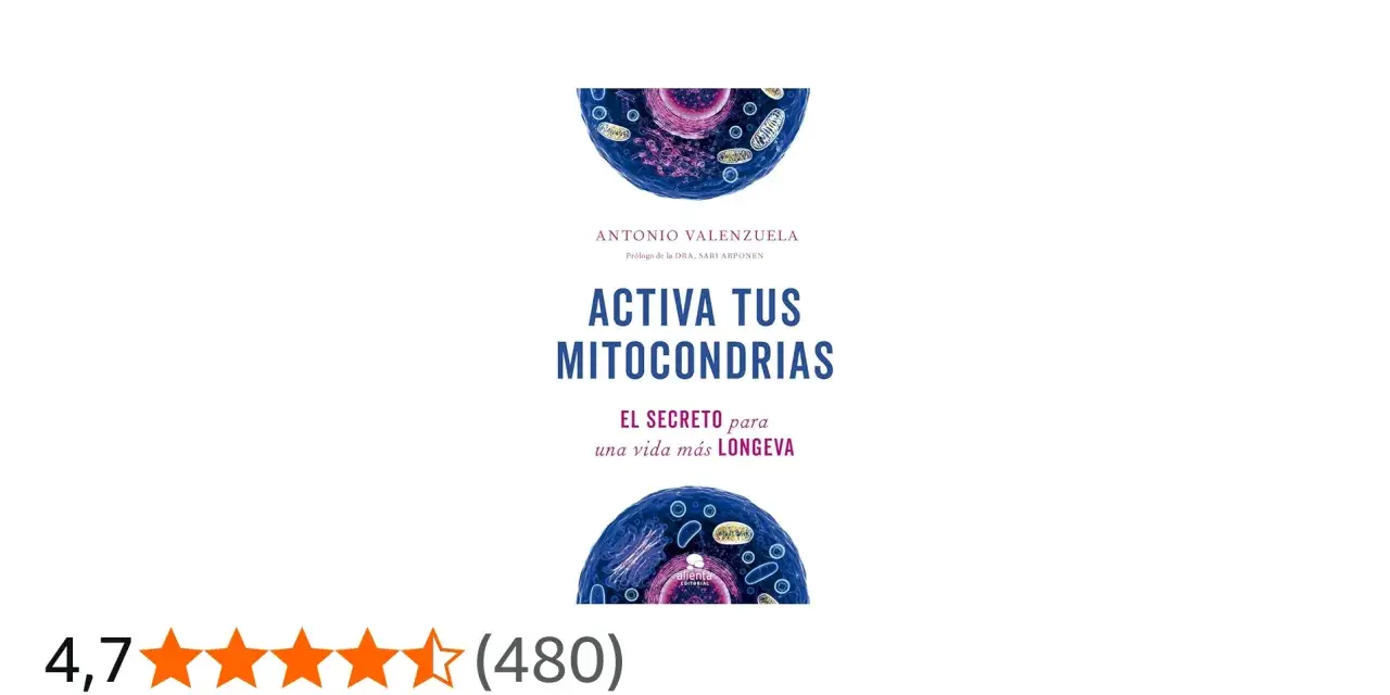 Libro "Activa tus mitocondrias", con ilustración celular y título que promete el secreto para una vida longeva.
