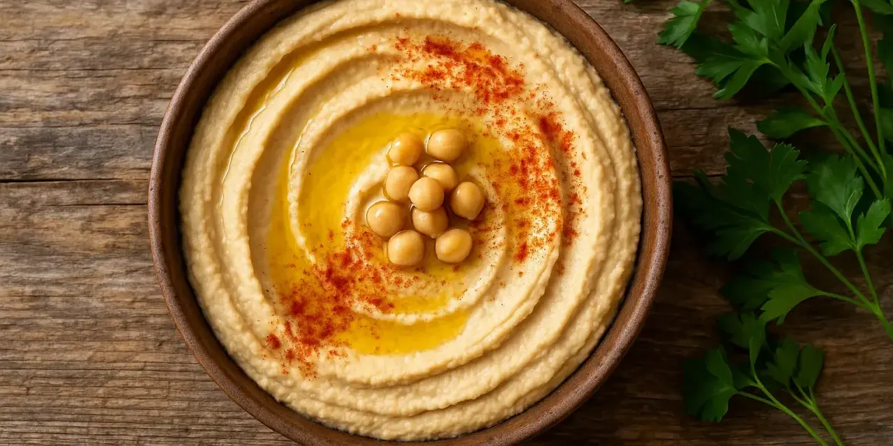 Un cremoso hummus en un cuenco de barro, decorado con garbanzos, aceite y pimentón. ¡Cuidado, el hummus engorda si no se consume con moderación!