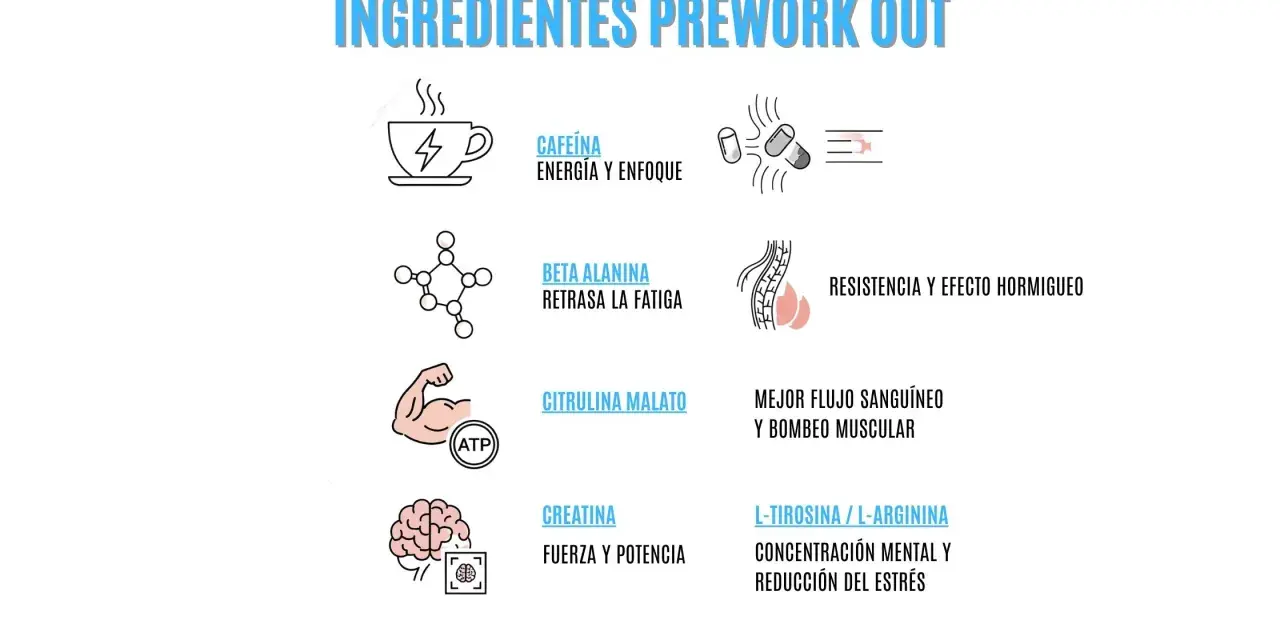Ingredientes de pre-workout: cafeína para energía, beta alanina para retrasar fatiga, citrulina malato para mejor flujo sanguíneo, creatina para fuerza y L-tirosina/L-arginina para concentración.