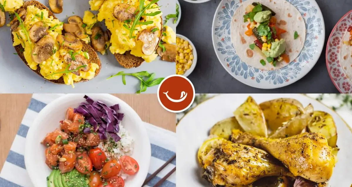 Cuatro platos deliciosos y saludables: tostadas con huevo y champiñones, taco con aguacate, poke bowl y pollo asado con limón. Opciones de alimentos bajos en calorías.