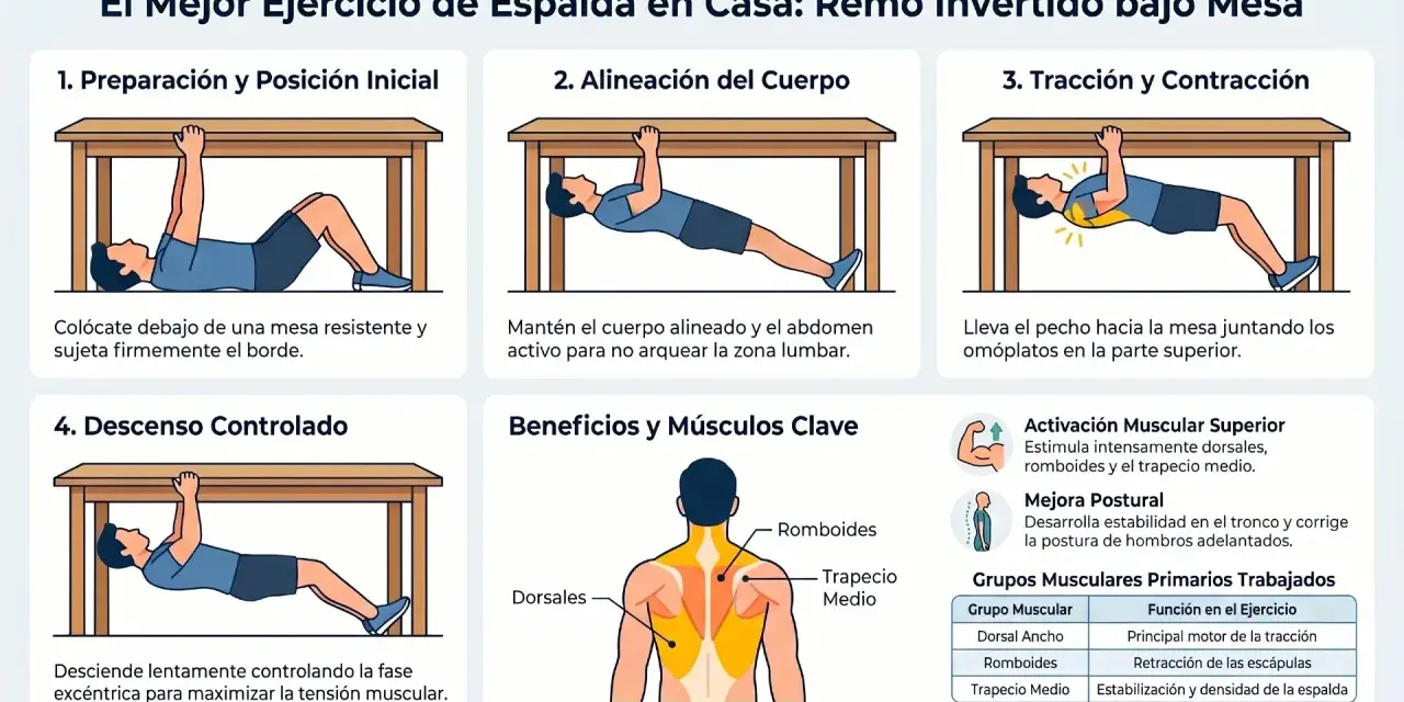 Ilustración de ejercicios de espalda en casa: remo invertido bajo mesa. Muestra preparación, alineación, tracción, descenso y beneficios.