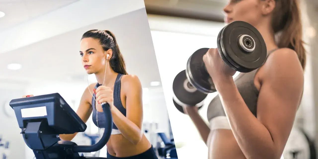 Mujer en cinta elíptica y otra levantando pesas. ¿Qué es mejor para perder peso cardio o pesas? Ambas son clave.