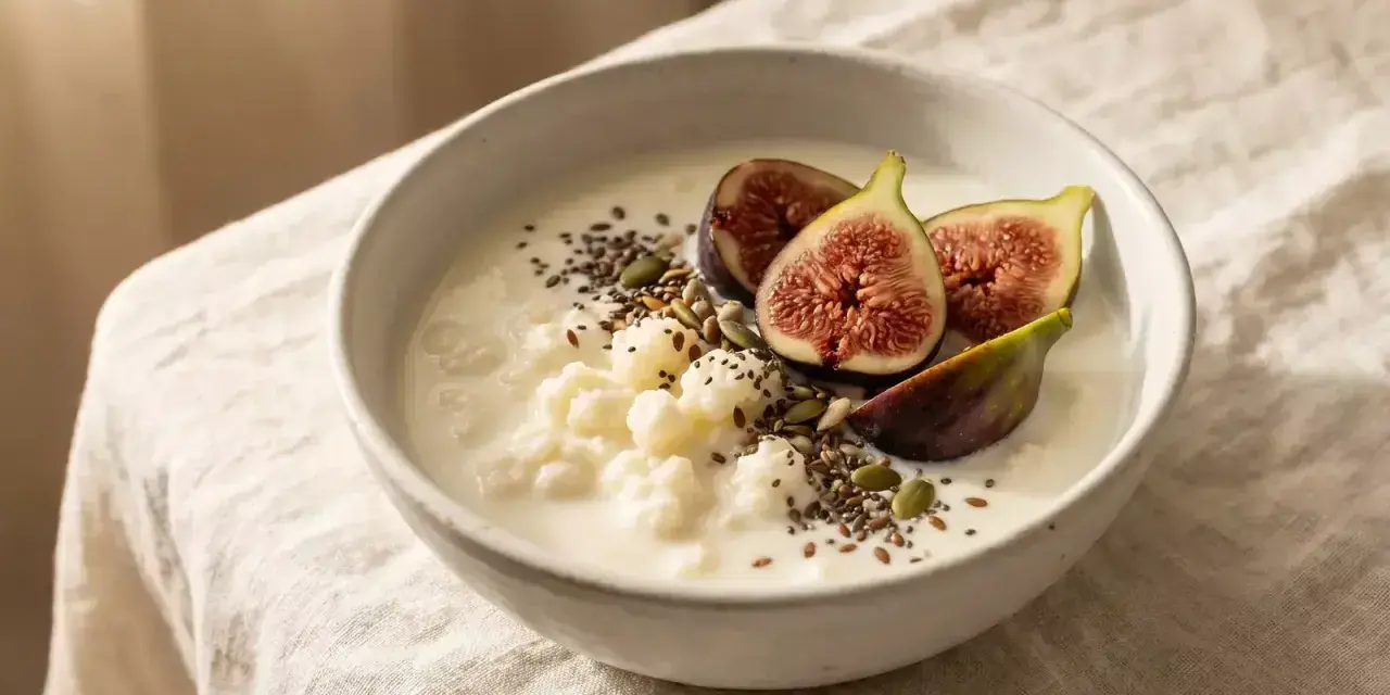 Un tazón de kéfir cremoso con higos frescos y semillas. El kéfir engorda por la noche, ¡un desayuno perfecto!