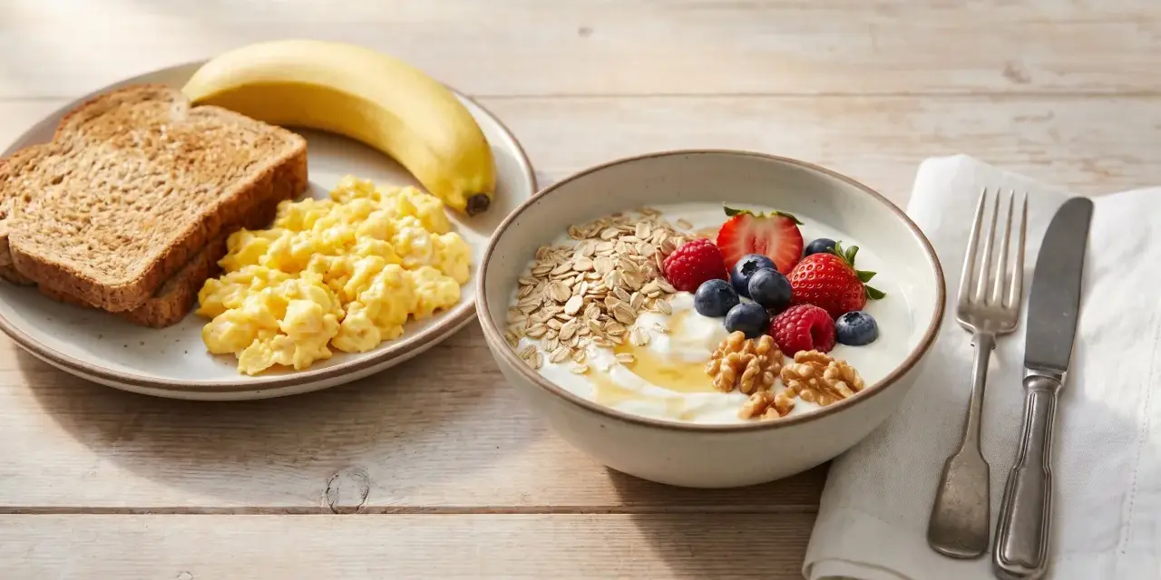 Desayuno con tostadas, huevos revueltos, plátano, yogur con frutos rojos, avena y nueces.