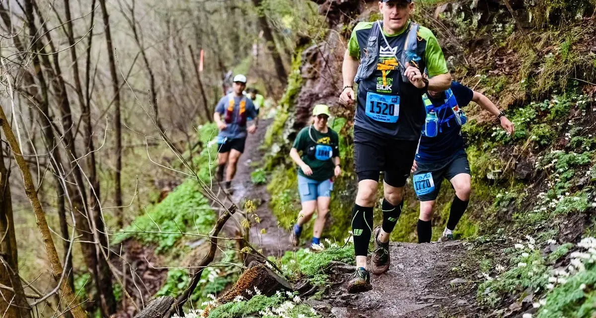 Corredores en un sendero boscoso, demostrando la resistencia necesaria para los ejercicios de fuerza para trail running.