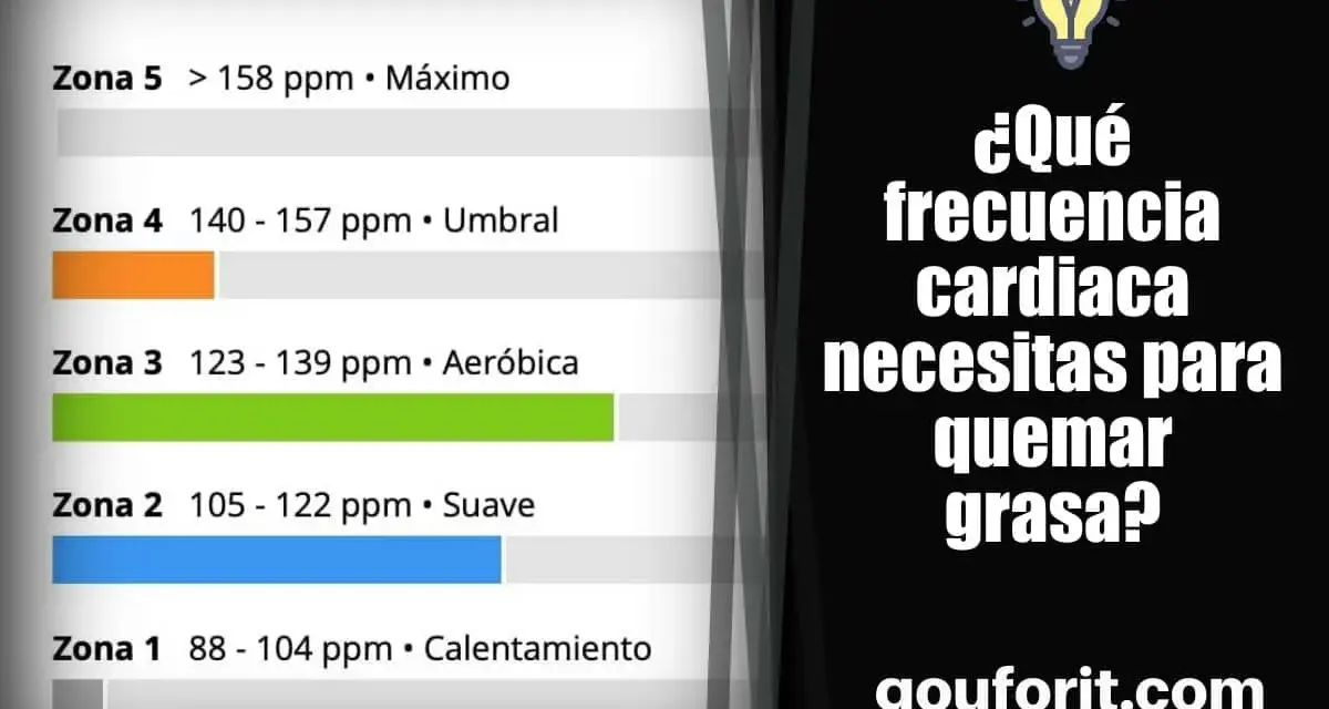 Tabla de zonas de frecuencia cardíaca para quemar grasa. Muestra rangos de pulsaciones para calentamiento, suave, aeróbico, umbral y máximo.