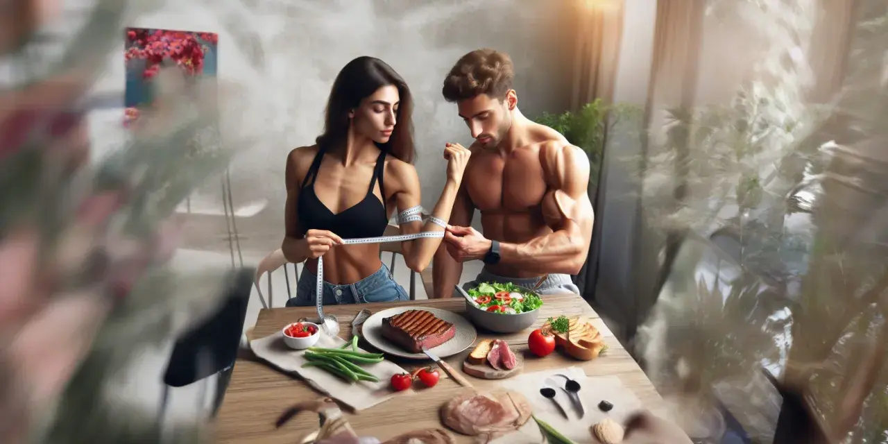 Pareja mide sus brazos, rodeados de alimentos saludables como carne y ensalada, sugiriendo un enfoque de protein sparing modified fast para alcanzar sus metas.