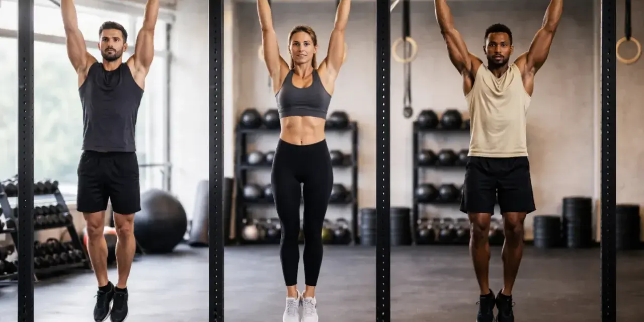 Tres personas, dos hombres y una mujer, se cuelgan de la barra en un gimnasio, entrenando su fuerza.