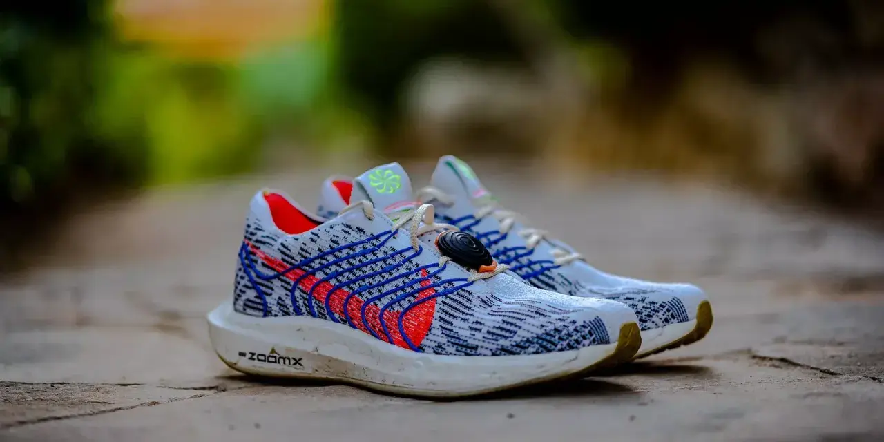 Zapatillas Nike Pegasus Plus hombre, con diseño tejido blanco y azul, detalles rojos y suela ZoomX.