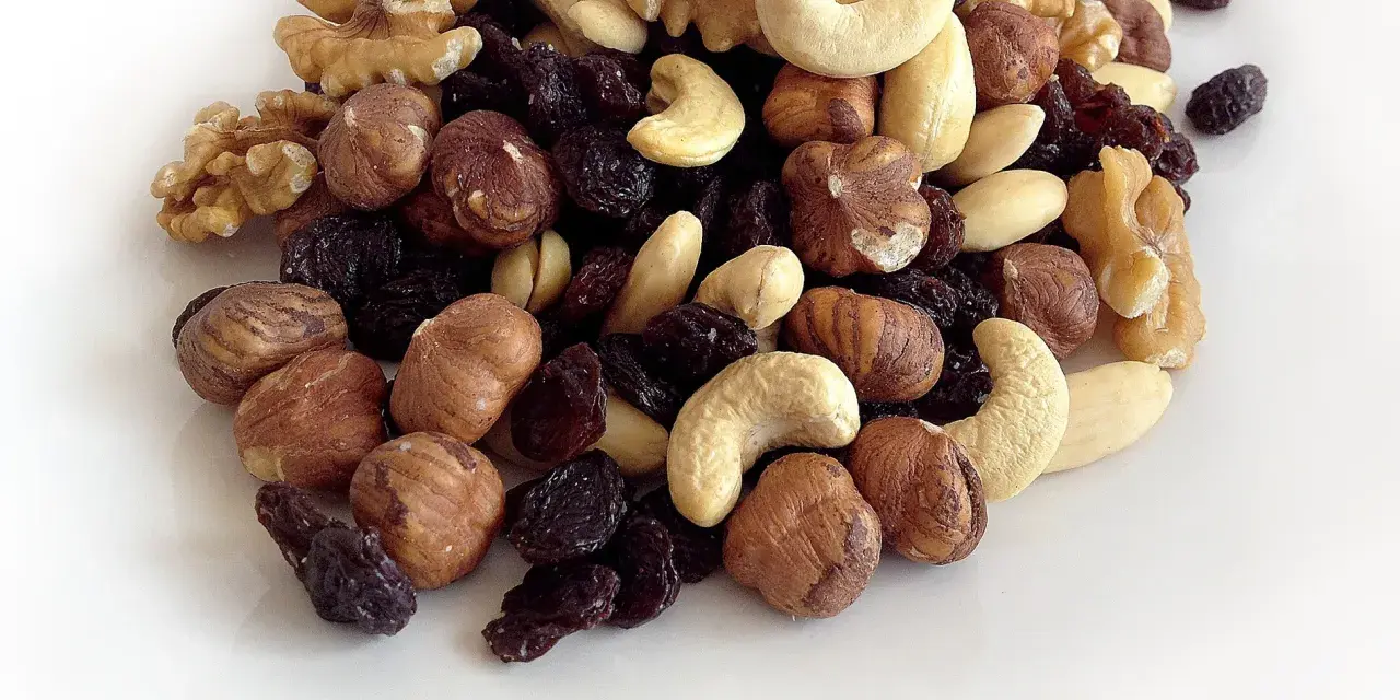 Montón de frutos secos variados: nueces, avellanas, anacardos y pasas. Parecen listos para engordar los frutos secos por la noche.