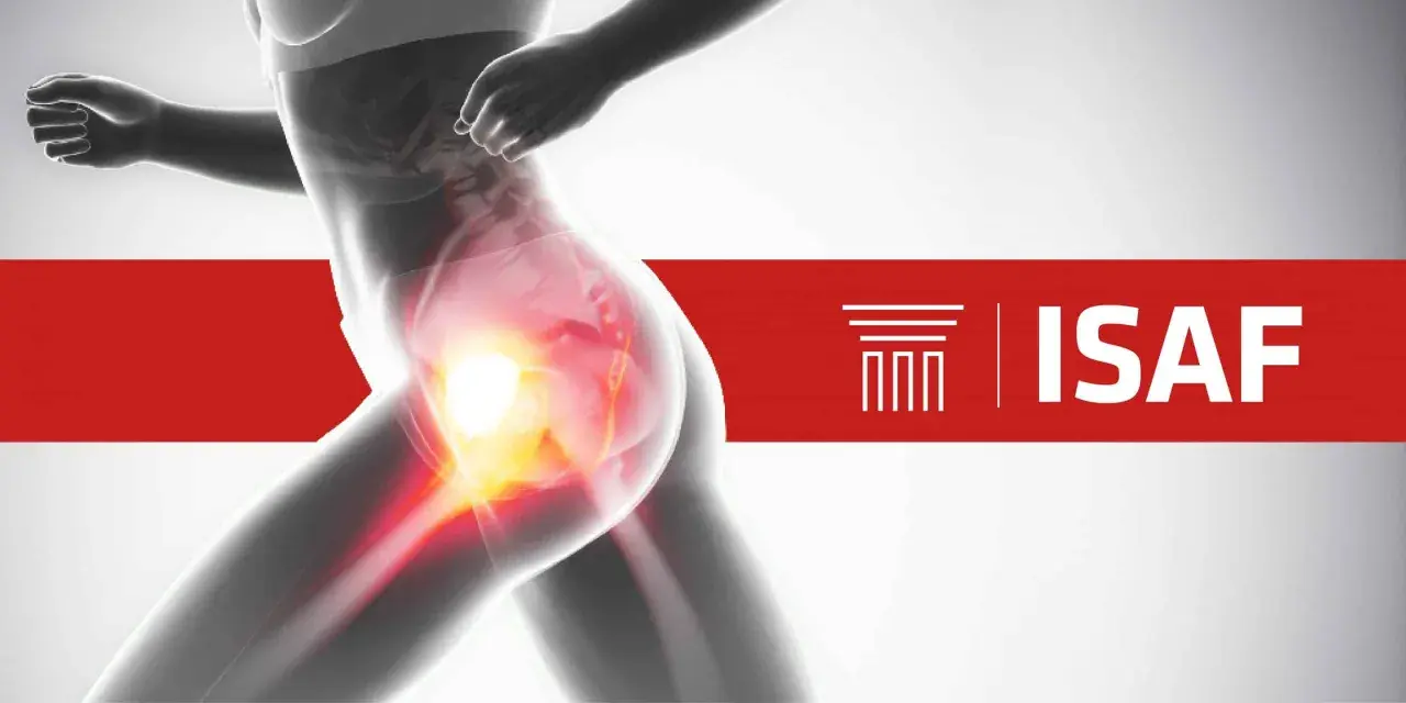 Silueta de corredor con zona de dolor en la cadera, indicando posible **hip pain after running**. Logo ISAF.