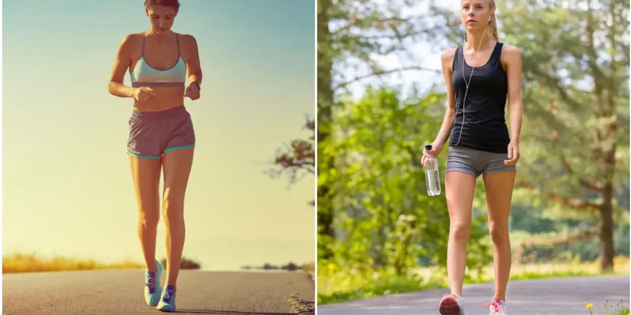 Dos mujeres haciendo ejercicio: una corriendo en una carretera soleada y otra caminando en un sendero boscoso. ¿Que adelgaza mas correr o andar?