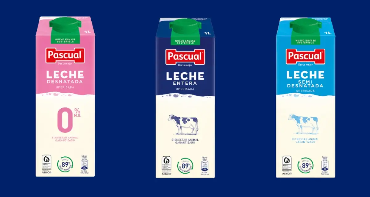 Tres envases de leche Pascual: desnatada (0% M.G.), entera y semidesnatada. ¡La leche desnatada engorda menos!