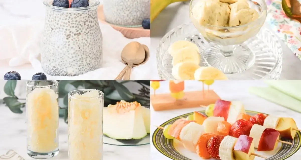 Postres saludables recetas: pudín de chía, helado de plátano, granizado de melón y brochetas de frutas.