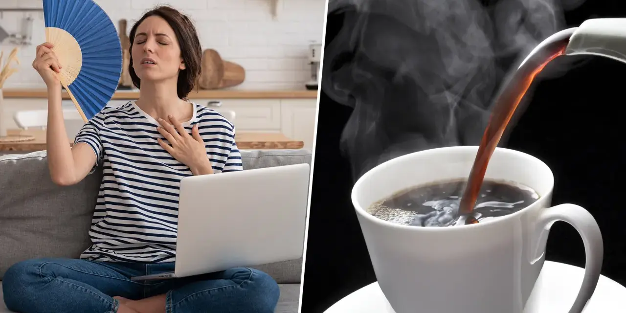 Mujer abanicándose por calor mientras trabaja en laptop. A su lado, café caliente. Recuerda que el cafe deshidrata.
