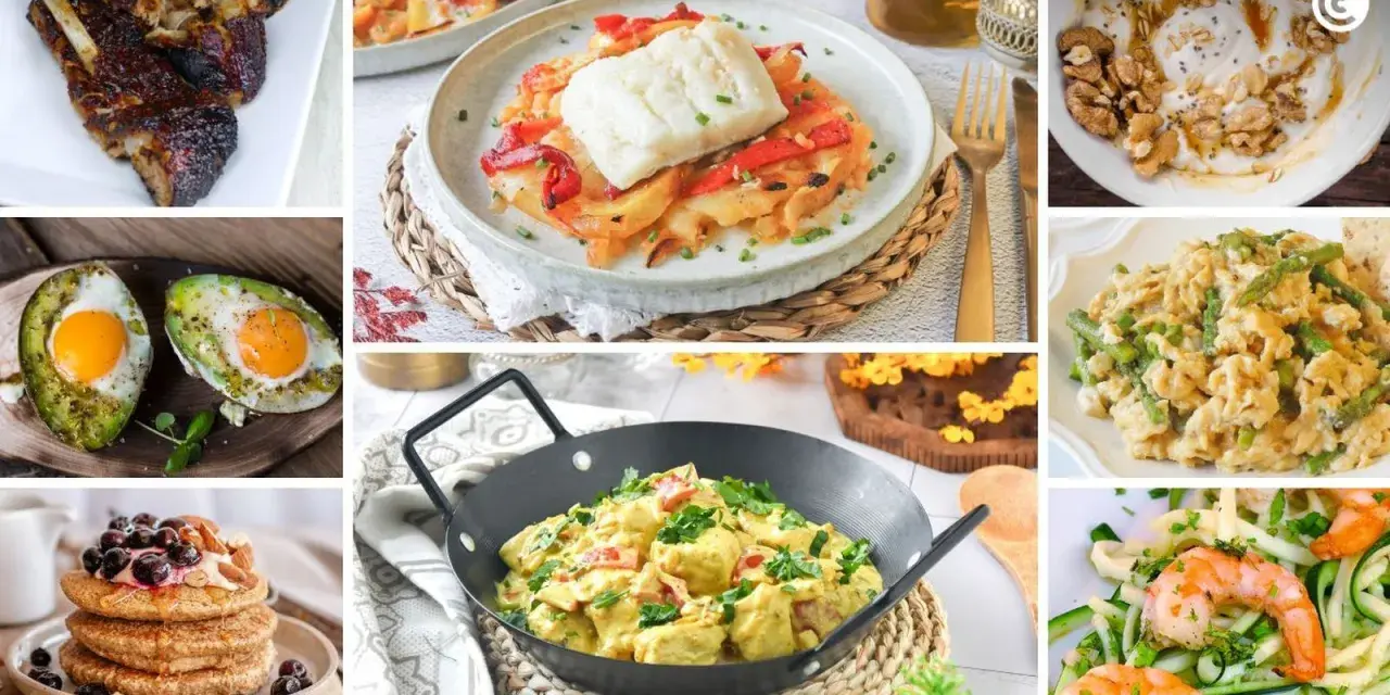 Variedad de platillos para dieta cetogenica menus: costillas, pescado, aguacate con huevo, yogur con frutos secos, revuelto de espárragos, curry y ensalada de camarones con calabacín.