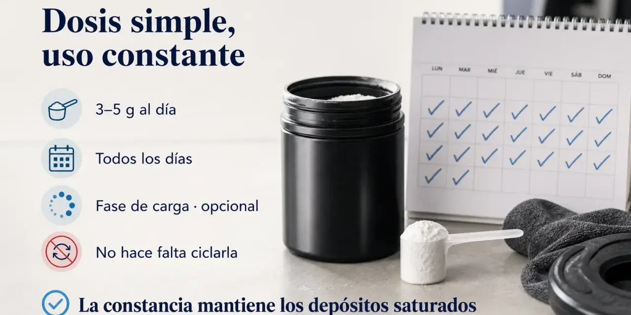 La creatina para que sirve: dosis simple, uso constante de 3-5g diarios. La constancia mantiene los depósitos saturados.