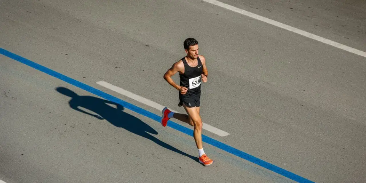 Corredor concentrado en la carrera, aprendiendo como respirar al correr para optimizar su rendimiento. Su sombra se proyecta larga sobre el asfalto.