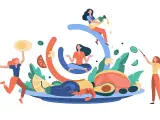 Mujeres meditando y preparando una dieta para perder peso con alimentos saludables como aguacate, gambas y verduras.