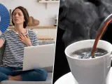 Mujer abanicándose por calor mientras trabaja en laptop. A su lado, café caliente. Recuerda que el cafe deshidrata.