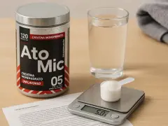 Un bote de creatina monohidrato, un vaso de agua y una báscula digital con una cucharada de polvo. Descubre los beneficios de la creatina monohidrato para tu entrenamiento.