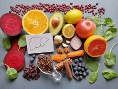 Una variedad de alimentos buenos para el hígado: remolacha, naranja, aguacate, limón, manzana, pomelo, espinacas, arándanos, café, canela, zanahoria, ajo, cebolla y nueces.
