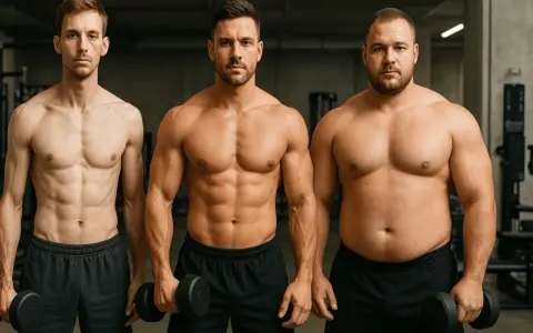 Tres hombres en un gimnasio. El de la izquierda es delgado y musculoso. El del medio tiene un cuerpo endomorfo musculoso. El de la derecha es más corpulento.