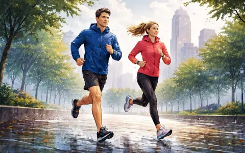 Pareja corre con lluvia en un parque urbano. El suelo mojado refleja las luces de la ciudad y los árboles verdes.