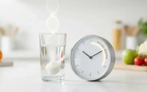 Un vaso de agua con una cucharada de polvo y un reloj marcan el momento en que la glicina rompe el ayuno.