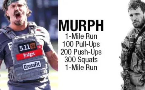 Atleta de CrossFit con chaleco de peso, junto a la descripción del entrenamiento Murph y un soldado.