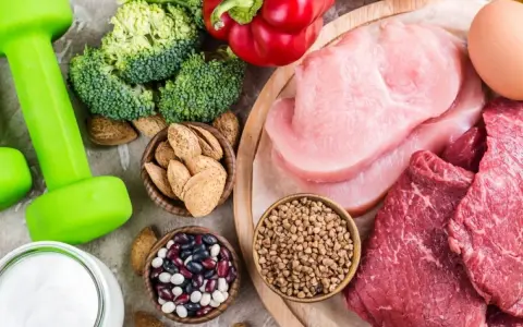 Alimentos para una dieta para ganar masa muscular y definir: pesas, brócoli, pimientos, carnes, huevos, yogur, almendras y legumbres.