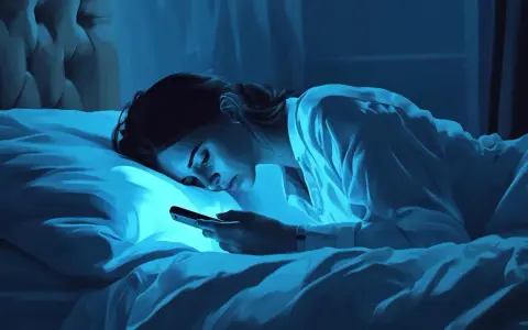 Mujer en la cama con su teléfono, iluminada por la luz azul. ¿Cuántas calorías se queman durmiendo?